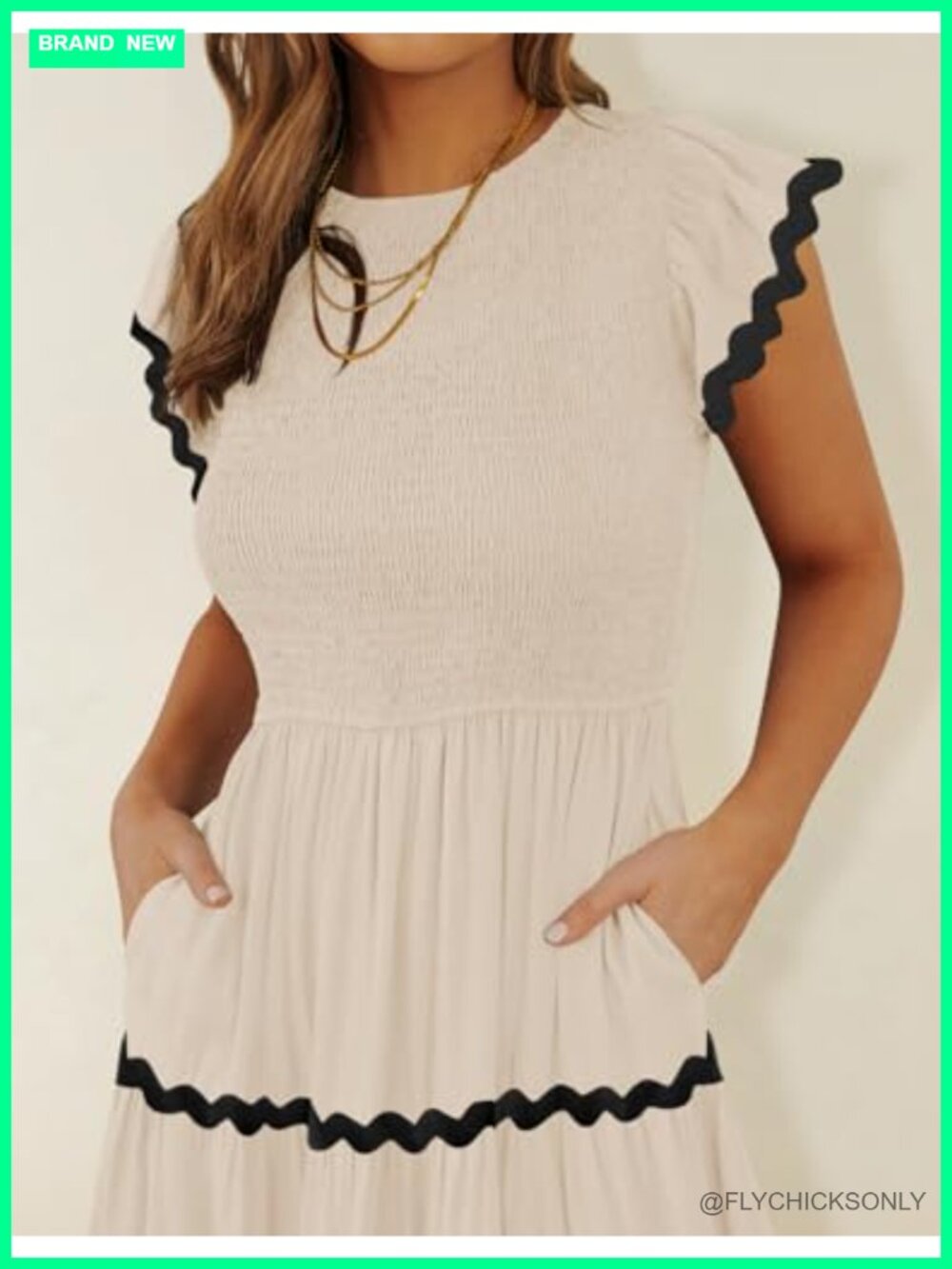 Flutter Short Sleeve Smocked High Waist Midi Dress Tiered Boho Casual - Picture 6 of 7